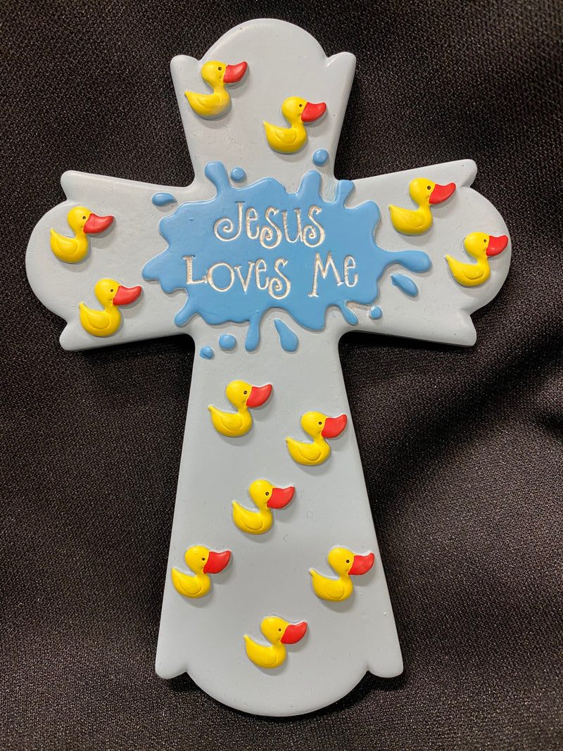 JESUS LOVES ME CROSS BL/ DUCKS
