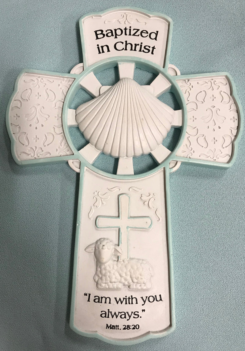 White and blue Baptism wall cross.