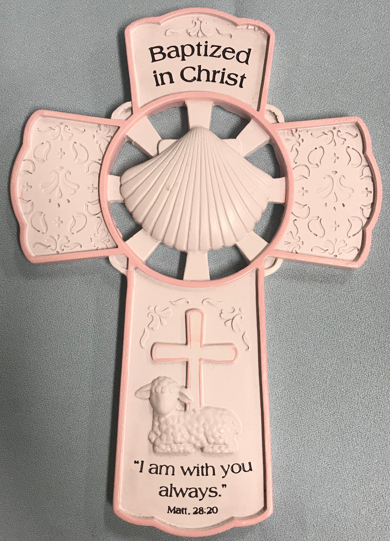 White and pink Baptism wall cross.