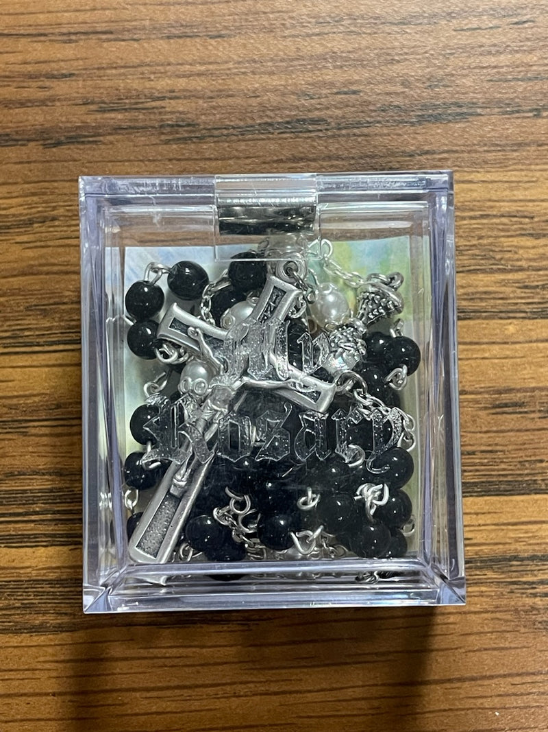 5MM BLACK OFB & WHT PRL ROSARY