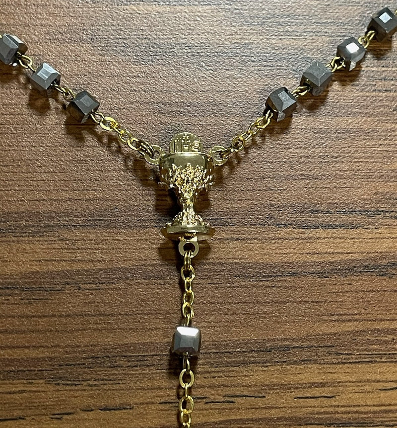 GOLD SQ HEMATITE COMM ROSARY