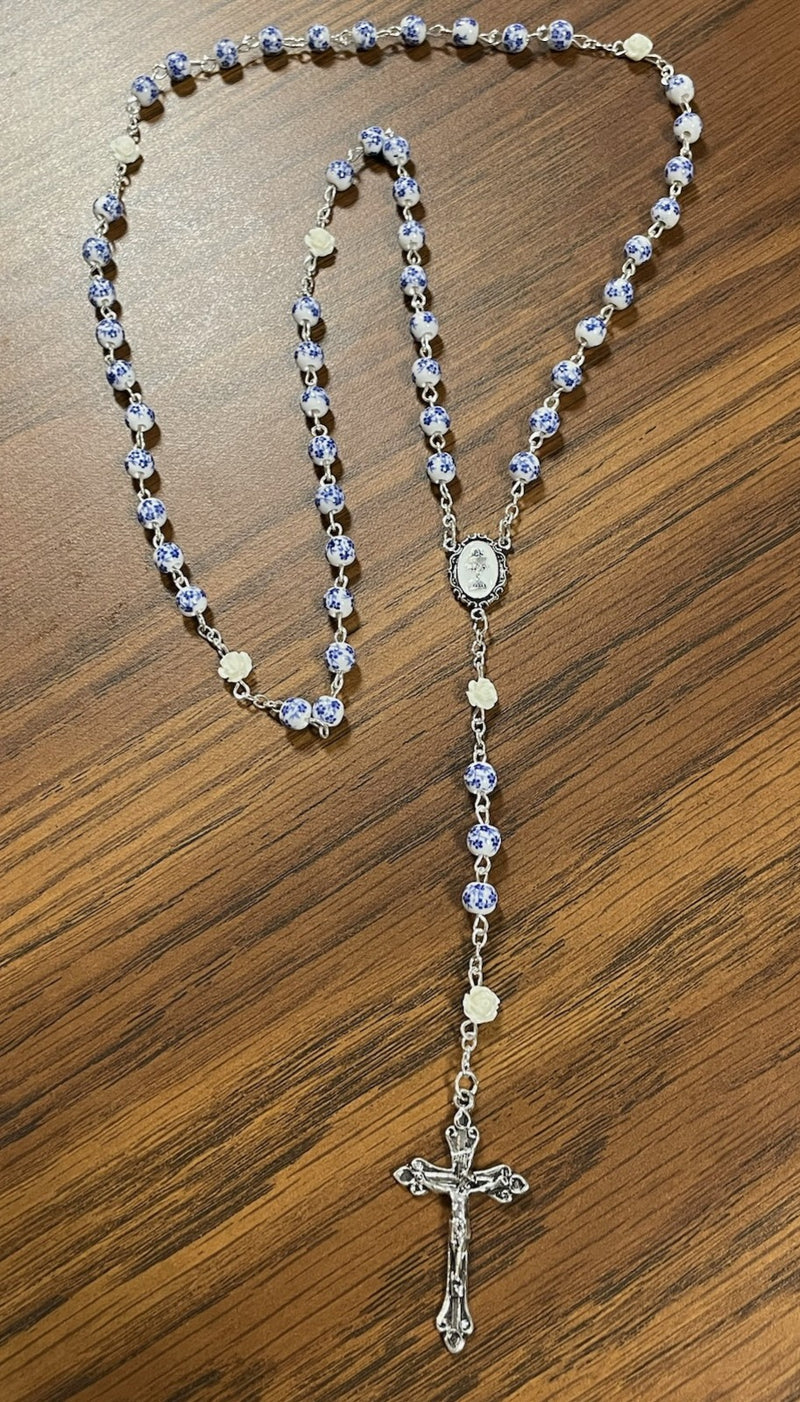 6MM BLUE CERAMIC FLOWER ROSARY