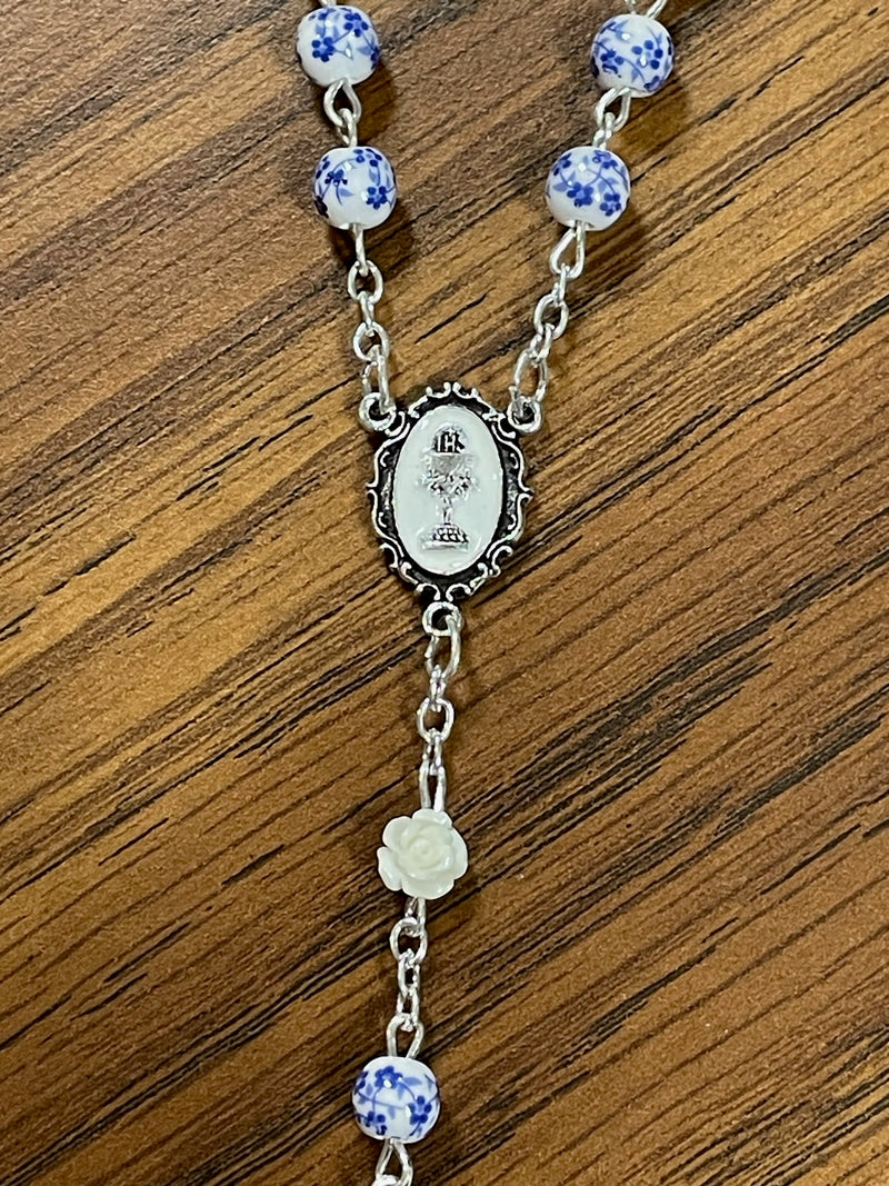 6MM BLUE CERAMIC FLOWER ROSARY