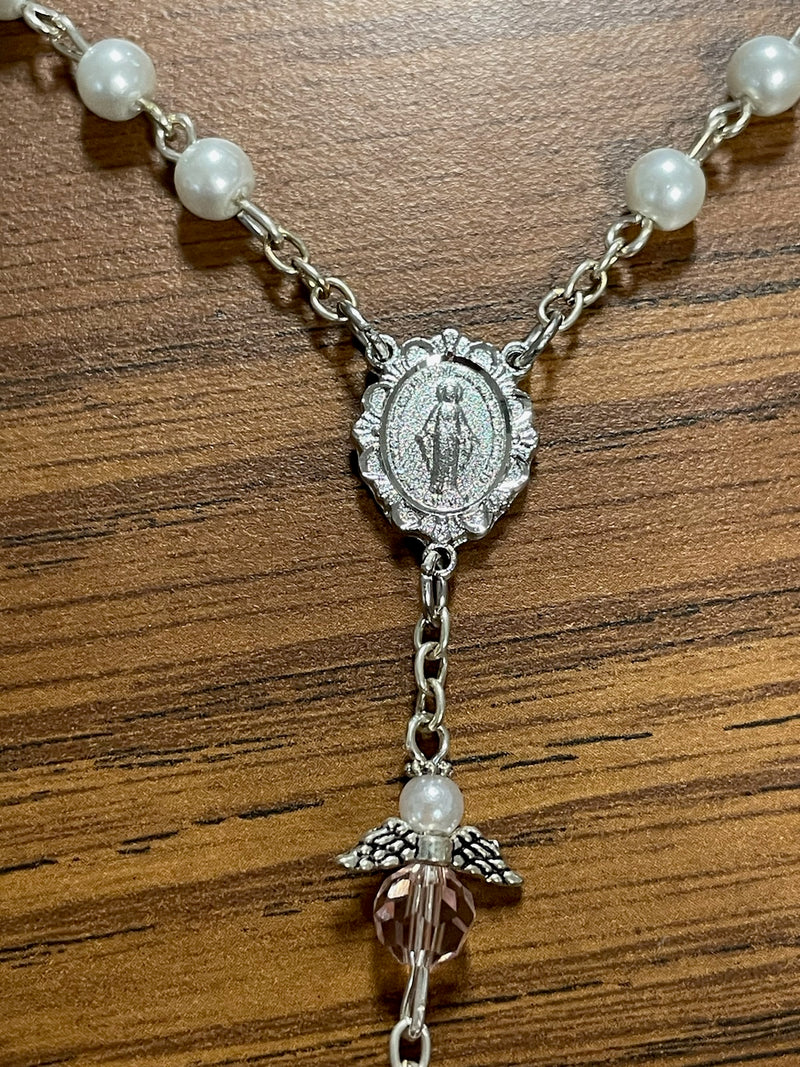 5MM PEARL/PINK ANGEL ROSARY