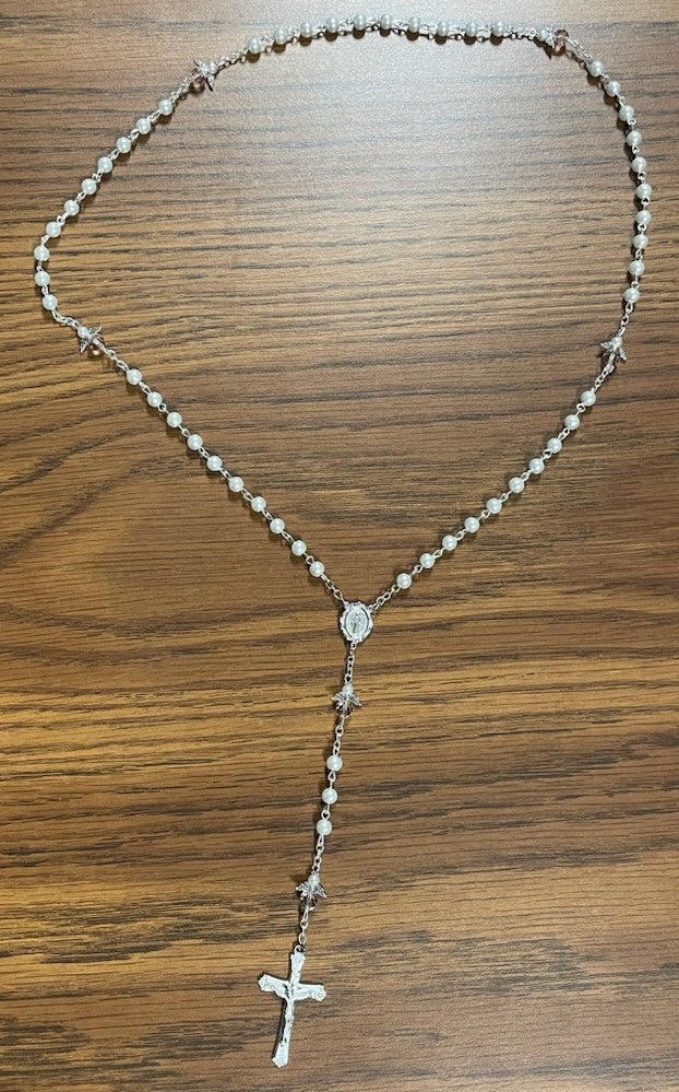 5MM PEARL/PINK ANGEL ROSARY
