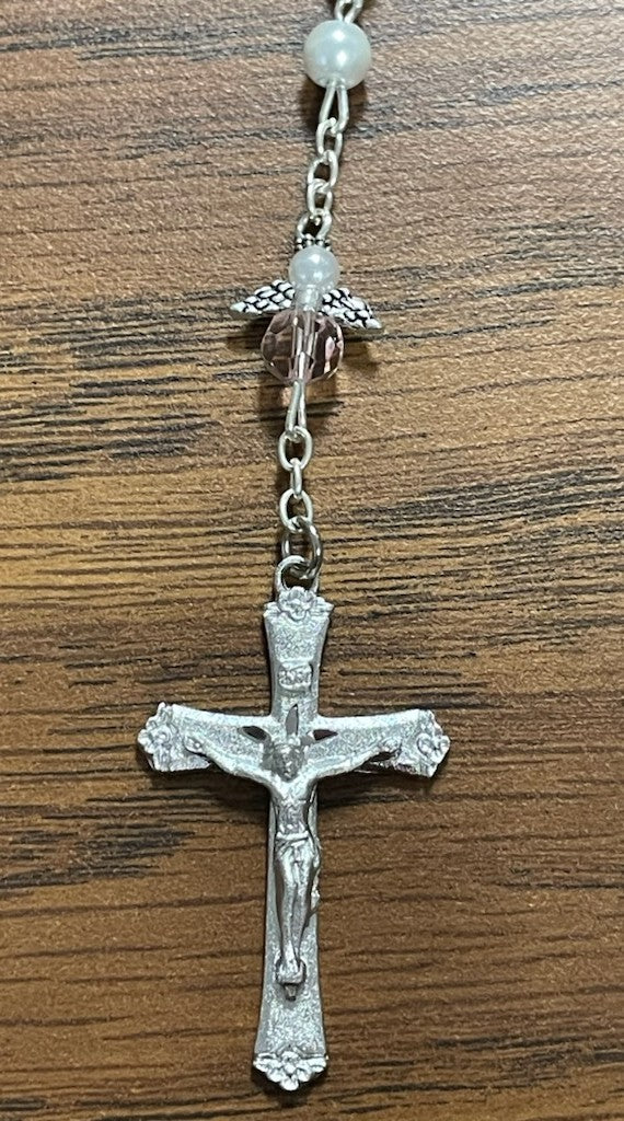 5MM PEARL/PINK ANGEL ROSARY