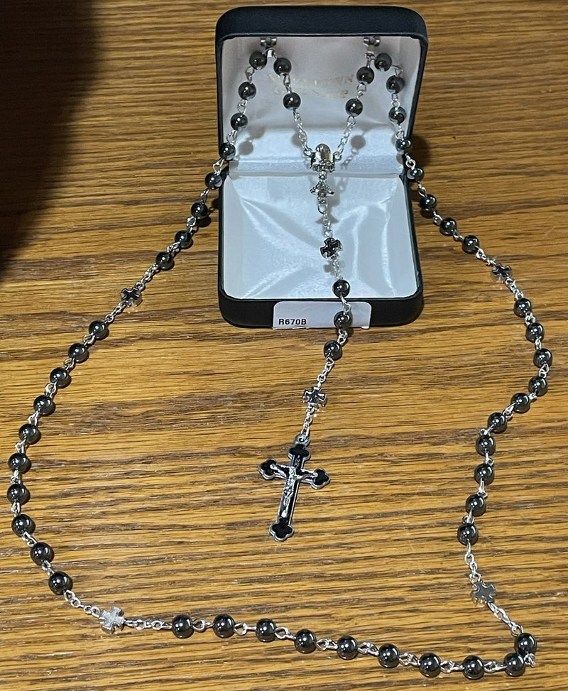 6MM HEMATITE CROSS ROSARY