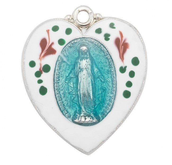 SS BL ENAMEL HEART W/FLWRS MIR