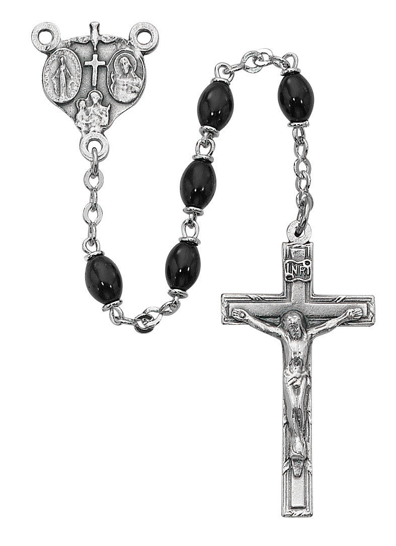 BLK GLASS OVAL BEAD ROSARY 4MM
