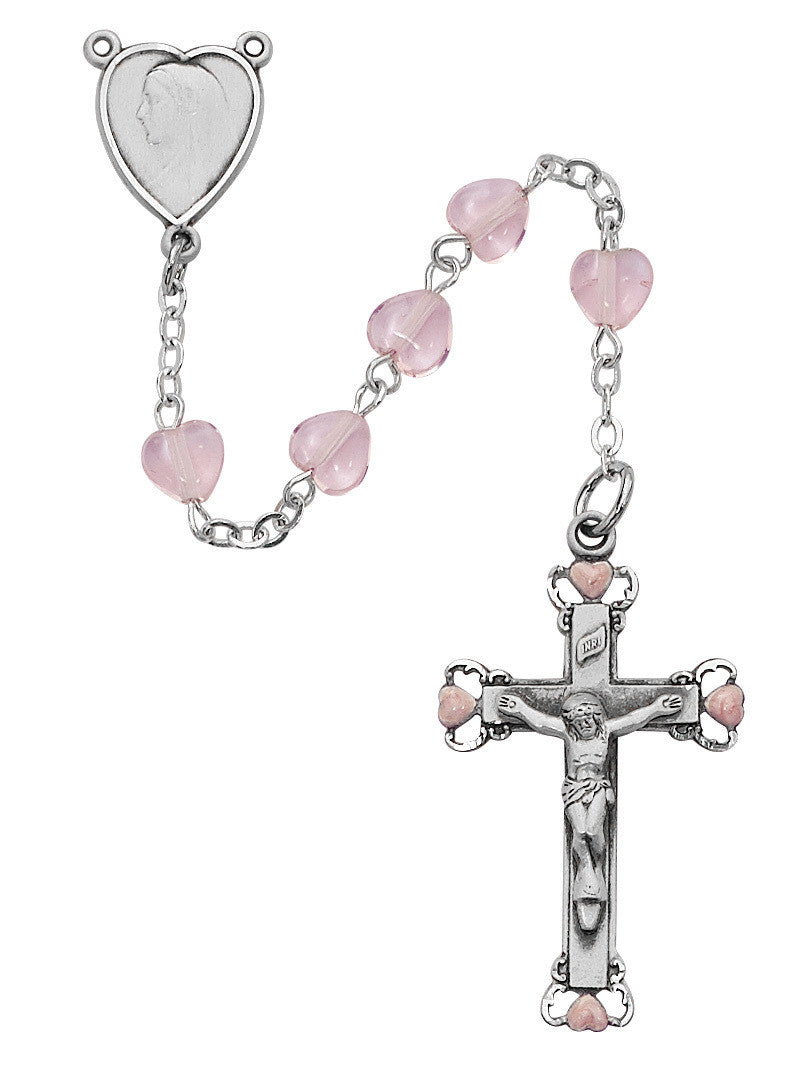 PINK HEARTS GLASS ROSARY 6MM