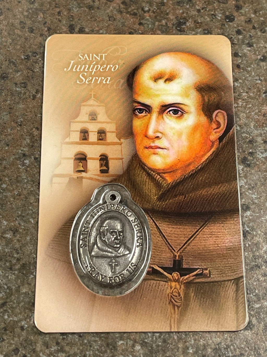 ST JUNIPERO SERRA CARD W MEDAL