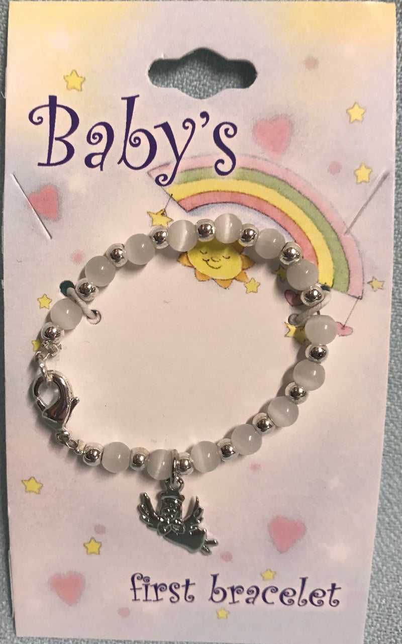 Baby bracelet with round white beads and silver guardian angel. 