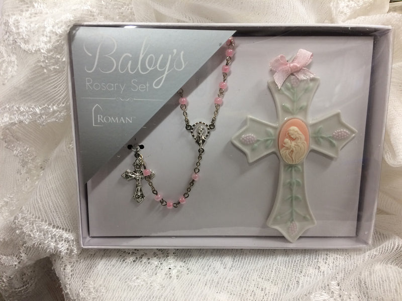 Baby girl rosary and cross set. 