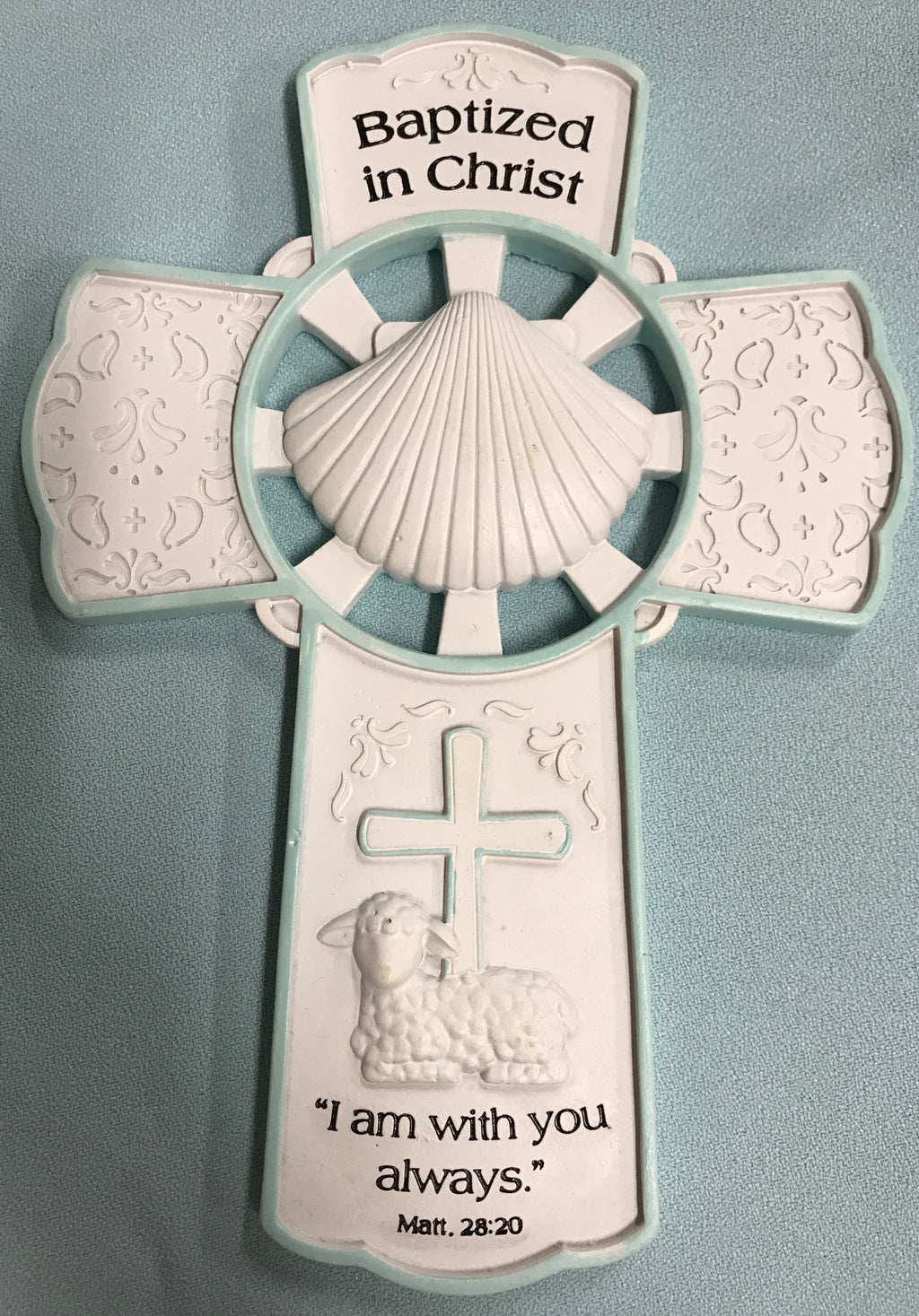 White and blue Baptism wall cross. 