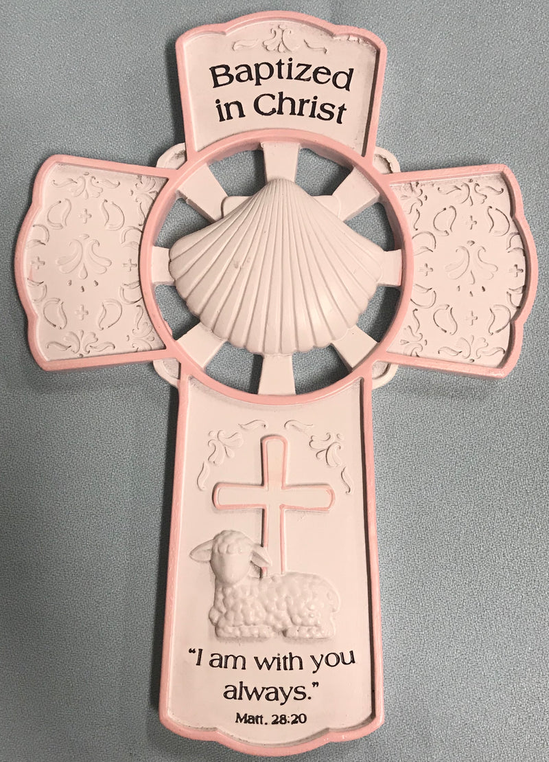 White and pink Baptism wall cross. 