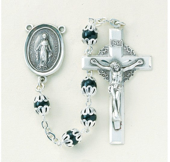 SS 6MM BLK DOUBLE CAP ROSARY
